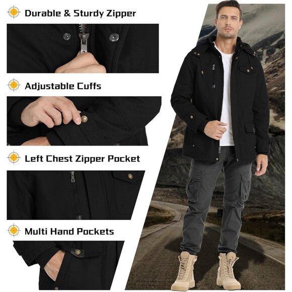 Mens Black Thick Winter Jacket Hooded Fleece Lined Cotton Military Coat - Picture 4 of 6
